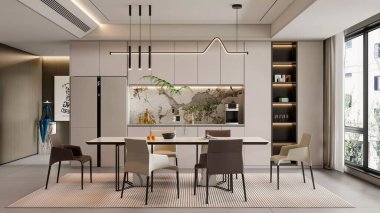 Bütünleşik Mutfaklı 3d Renkli Çağdaş Yemek Alanı