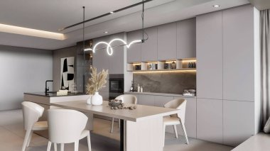 3d Render Modern Minimalist Mutfak ve Yemek Alanı İç Tasarımı