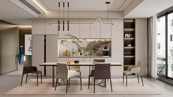 Bütünleşik Mutfaklı 3d Renkli Çağdaş Yemek Alanı