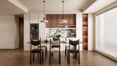 3D Render Modern Yemek Odası ve Mutfak İçi Zarif Ahşap ve Mermer Aksanlı