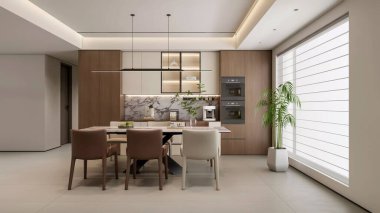 3d Render Modern OpenPlan Mutfağı ve Zarif Ahşap Aksanlı Yemek Alanı