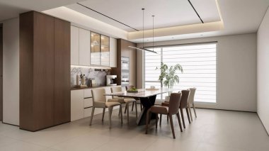 3D Renkli Modern Mutfak ve Yemek Odası İç Tasarımı