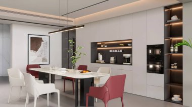 Bütünleşik Aletlerle Modern Minimalist Yemek ve Mutfak Alanını Hazırla