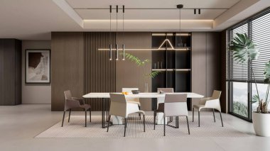 3d Modern ve Zarif Yemek Odası Çağdaş Mobilyalarla İçi