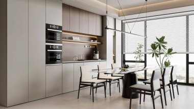 3d Bütünleşik Aletlerle Modern OpenPlan Mutfağı ve Yemek Alanı Hazırla