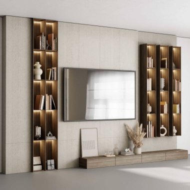 3D Render Modern Salon TV Duvarı Aydınlatılmış Dikey Kitaplıklar