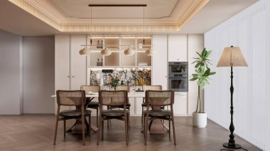 3d Render Modern OpenConcept Yemek Odası ve Zarif Mobilyalarla Mutfak İçi