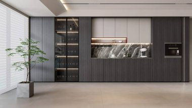 Entegre Aletler ile 3d Render Parlak Çağdaş Mutfak ve Çubuk Alanı