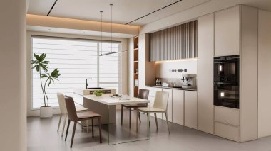 Bütünleşik Tasarımlı 3d Render Modern Minimalist Mutfak ve Yemek Alanı