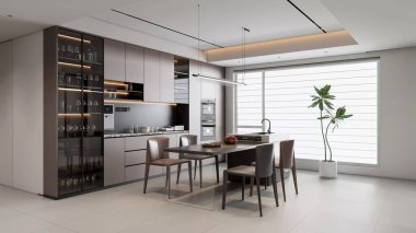 3d Render Parlak Modern Mutfak ve Minimalist Tasarımlı Yemek Alanı