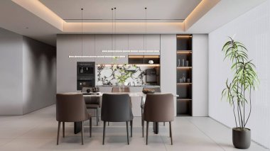 3d Pürüzsüz Modern Yemek ve Mutfak İçi Mermer Aksanlı