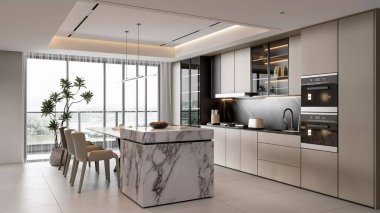3d Modern Lüks Mutfak Marble Island ve Bütünleşik Yemek Alanı