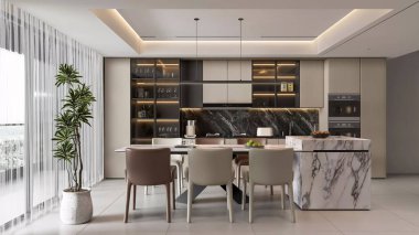 3d Modern Lüks Mutfak ve Mermer Adalı Yemek Alanı