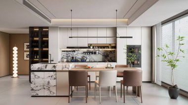 3d Zarif Modern Mutfak ve Mermer Adalı Yemek Alanı