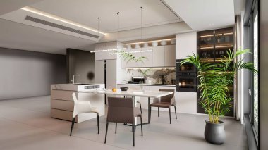 3d Render Modern OpenPlan Mutfak ve Ada ve Çağdaş Dekorla Yemek Alanı