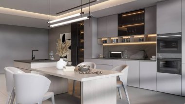 Modern minimalist mutfak. Yemek masası ve yumuşak ışıklandırma 3D.