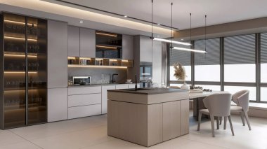 Modern minimalist mutfak. Ada yemek alanı ve geniş pencereli.