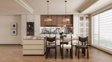 Klasik modern mutfak ve yemek iç dekorasyonu mermer ada ve kolye ışıkları 3D