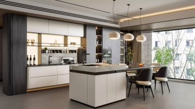 Modern lüks mutfak. Ada yemek alanı ve kolye ışıkları çağdaş tasarım.