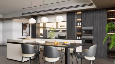 Modern lüks mutfak. Koyu ahşap dolaplar, yemek masası ve 3 boyutlu kolye ışıkları.