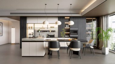 Modern lüks mutfak. Ada yemek masası ve kolye ışıklandırması çağdaş tasarım.