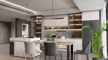 Gösterişli Dolap Şiirleriyle Modern Açık Kavramlı Mutfak ve Yemek Alanı