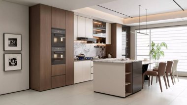 Dahili Aletler ile Modern Açık Konsept Mutfak ve Yemek Alanı