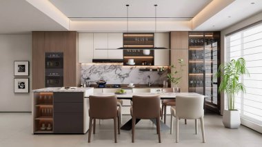 Mermer Aksanlı Modern Lüks Mutfak ve Yemek Alanı