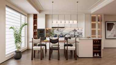 Mermer Aksanlı Modern OpenPlan Mutfak ve Yemek Alanı 3B Hazırlama