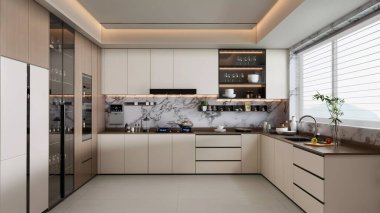 3D Rending Modern Minimalist Mutfak İçi Mermer Aksanlı