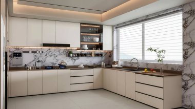 Mermer Aksanlı 3B Renderleme Modern Lstyle Kitchen