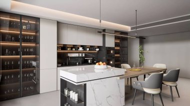 3d Modern Lüks Mutfak ve Mermer Adalı Yemek Alanı