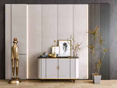 Sideboard Altın Heykel ve Dekoratif Aksanlı Modern Lüks İç Tasarımı