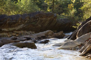 River flows swiftly among stones and boulders, creating white splashes. Tree with autumn leaves in background.