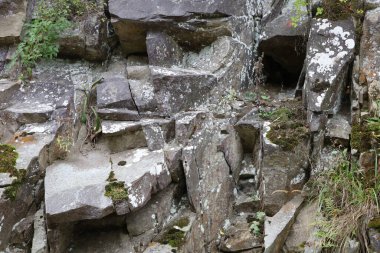 Açık gri yüzeyi, çatlakları ve yosunları olan büyük bir kaya parçası. Taş doğal dokusunu liseli ve yıpranma belirtileriyle gösteriyor..