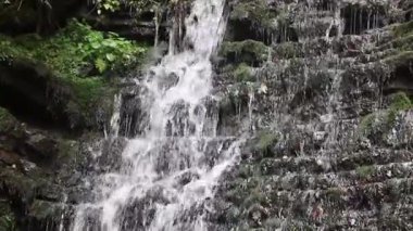 Su akıntısı yosun kaplı kayalık bir yamaçtan hızla akar, sıçramalar yaratır ve doğal güzellikleri ön plana çıkarır..
