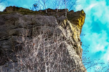 Düşük açılı bir manzara, yıpranmış bir kayanın engebeli dokusunu parlak, bulutlu bir gökyüzünün altında, sahnenin karanlık dallarıyla yakalar.
