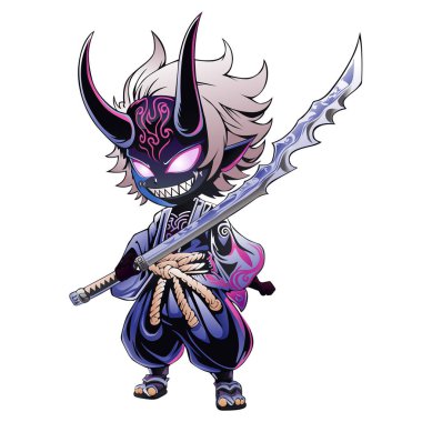 Küçük şeytan samuray kılıcı tutuyor.