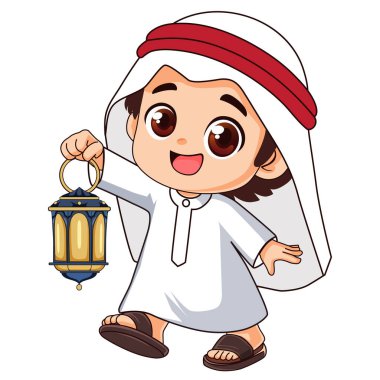 Sorban giyen tatlı çocuk yürür ve fener getirir.