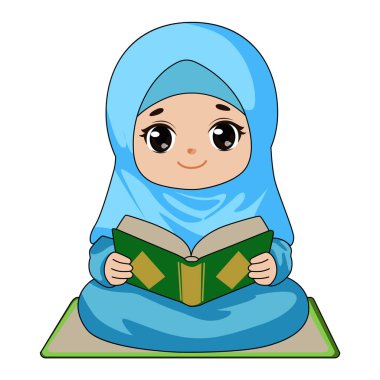 Müslüman kız oturuyor ve El-Kuran okuyor.