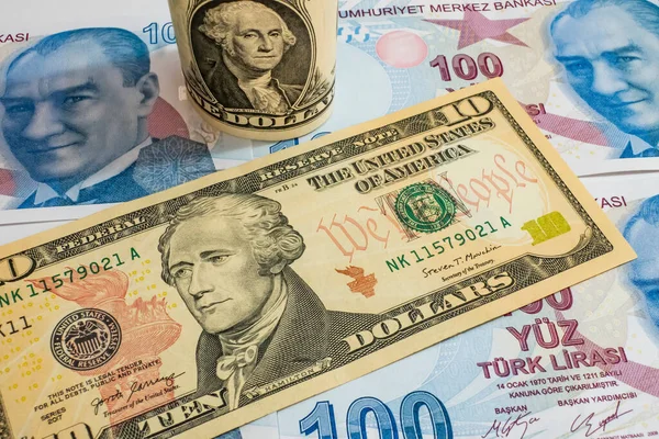 Dollar Und Türkische Lira Banknoten — Stockfoto