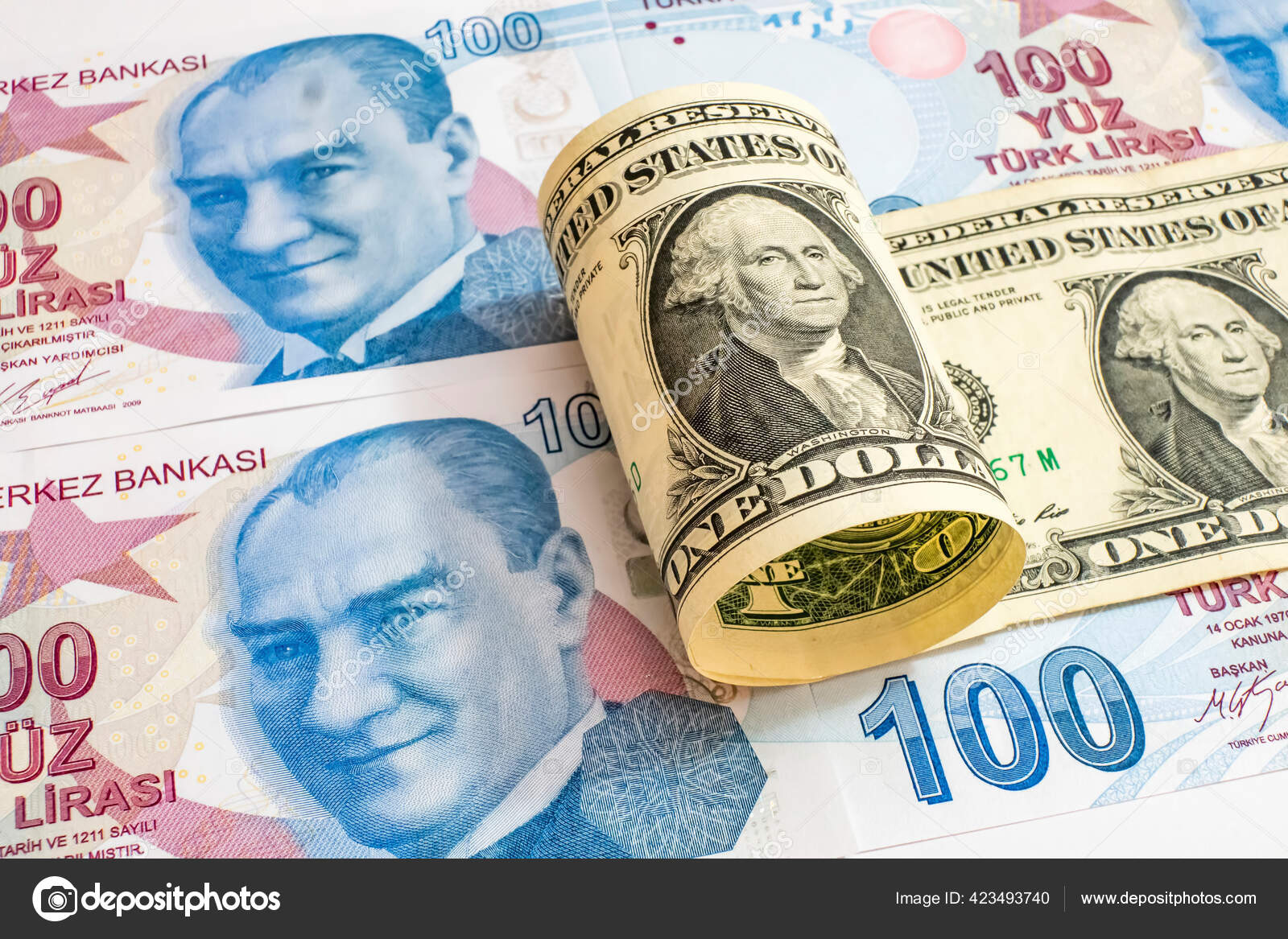 美元和土耳其里拉钞票——图库图片© yskandag #423493740