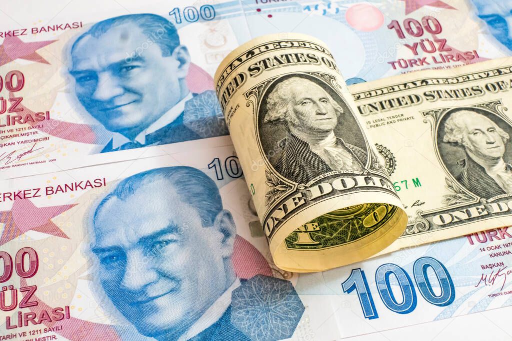 USA dollar and Turkish Lira banknotes 