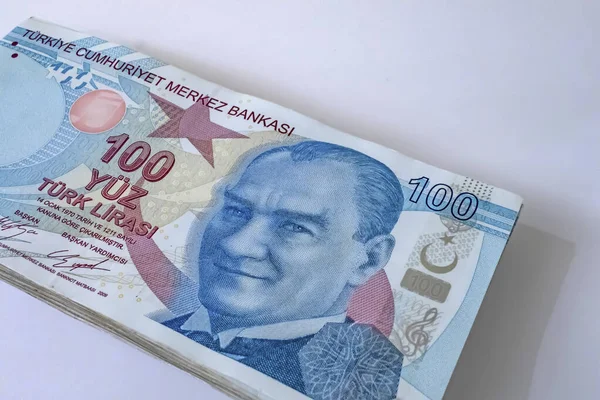 Närbild Hundra Turkisk Lira Sedlar — Stockfoto