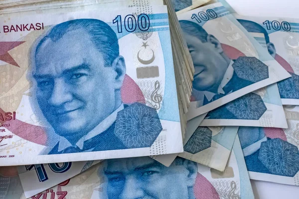 Sluit Honderd Turkse Lire Bankbiljetten — Stockfoto