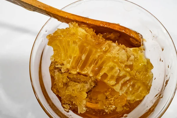 Honeycomb Honey Glass Bowl Wooden Spoon — Stock Photo, Image