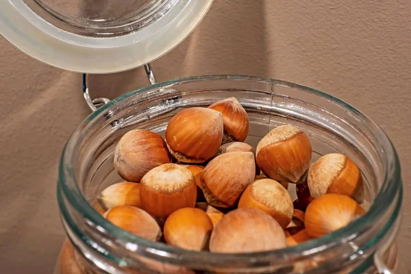 Close Shelled Hazelnuts Jar — Stock Photo, Image