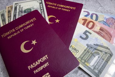 İstanbul, 31 Aralık 2020. Türkiye Cumhuriyeti pasaportu ve gri arka planda seyahat için para notları.
