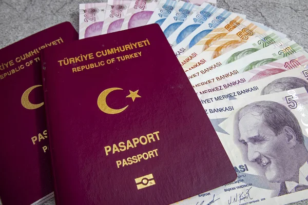 İstanbul, 31 Aralık 2020. Türkiye Cumhuriyeti pasaportu ve gri arka planda seyahat için para notları.