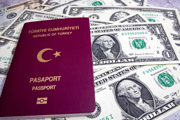 İstanbul, 31 Aralık 2020. Türkiye Cumhuriyeti pasaportu ve gri arka planda seyahat için para notları.